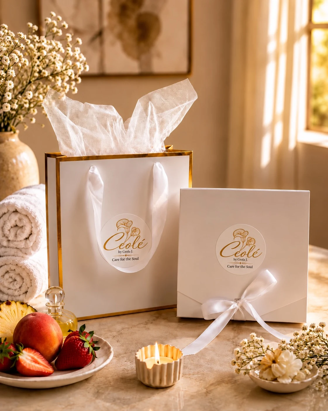 Ceolé gift bag and ribboned presentation box arranged with fruit, flowers and candlelight.