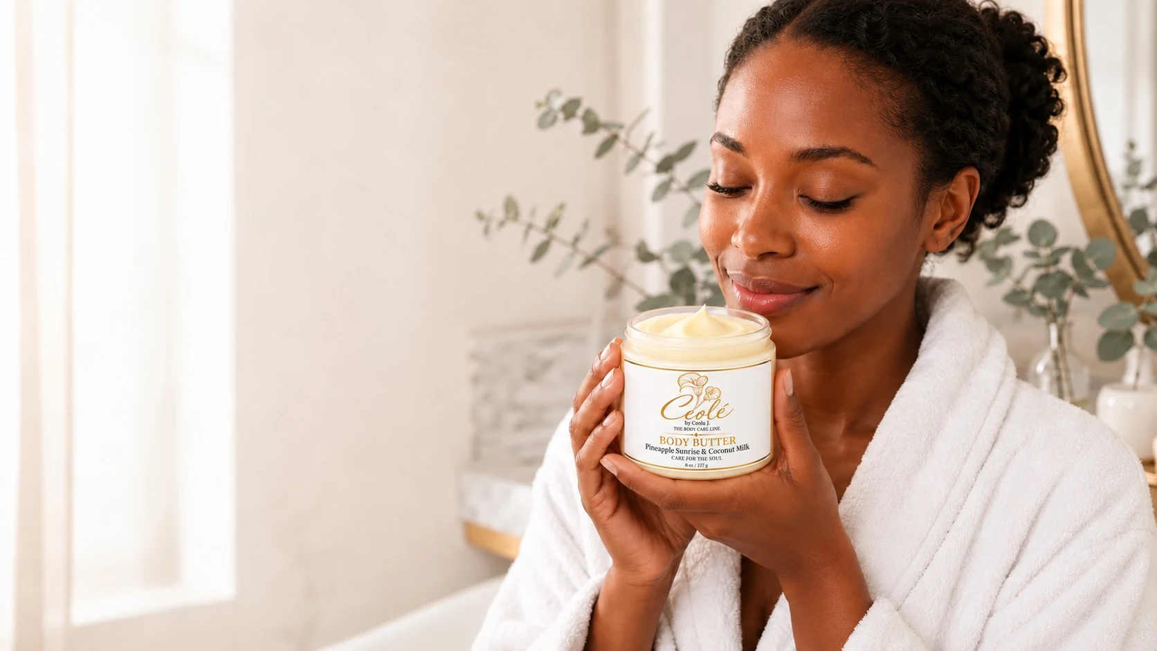 Woman enjoying the aroma of Ceolé Pineapple Sunrise & Coconut Milk Body Butter during her self-care practice.